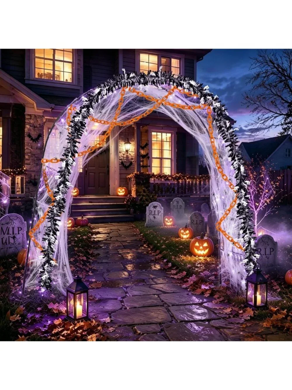 Halloween Outdoor Arch Decor Set - 7 Pcs with Spiders & Tinsel Garland